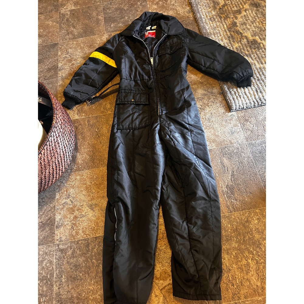 Vintage JCPenney Snowmobile Suit Black Yellow Stripe Insulated Coveralls Medium
